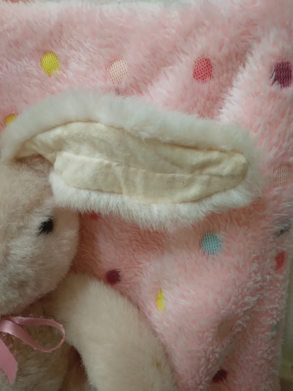 Vintage Plush Bunny in Cream with Pink Ribbon For Crafting and Decor